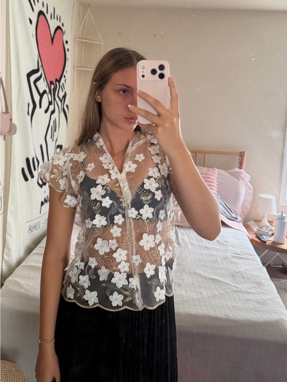 Altar'd State Sheer White Floral Embroidered Button-Up Blouse